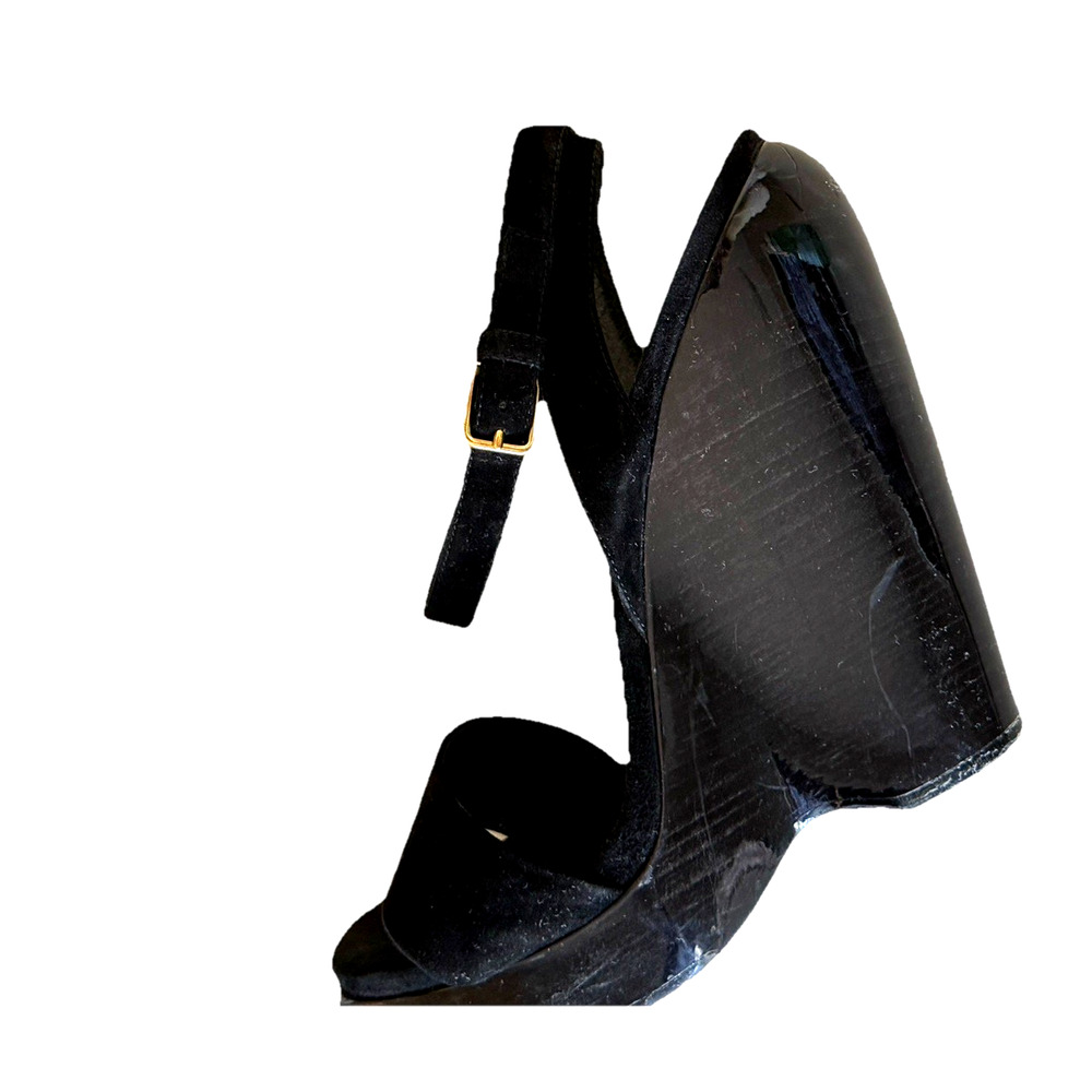 YSL Saint Laurent 2010s Era Lacquered Wedges Suede Wood Heel Black Heels Damage - Picture 8 of 16
